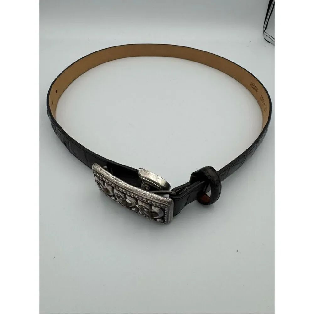 Brighton Womens 90s Black Silvertone Triple Heart Pin Buckle Leather Belt Medium